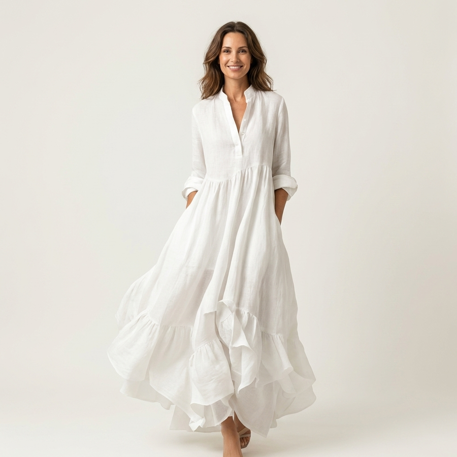 White stand-collar button-front maxi dress with ruffle hem and tiered skirt