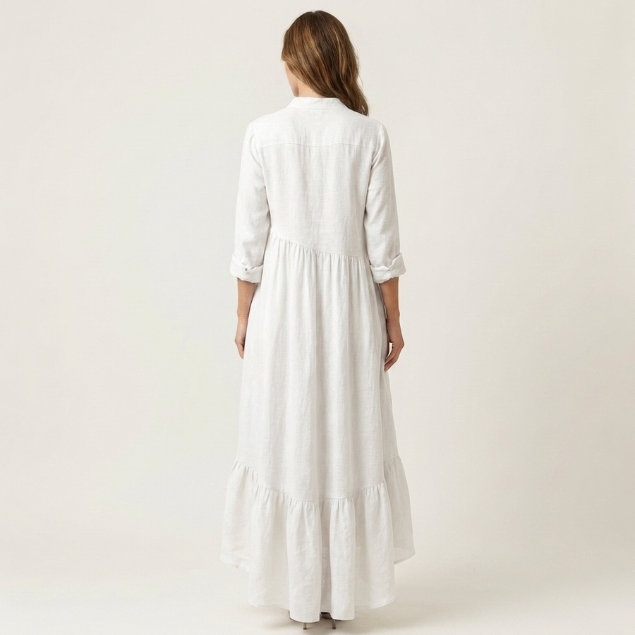 White stand-collar button-front maxi dress, back view, tiered ruffle hem