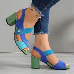 Green and blue suede block-heel sandals with crisscross straps and silver stud