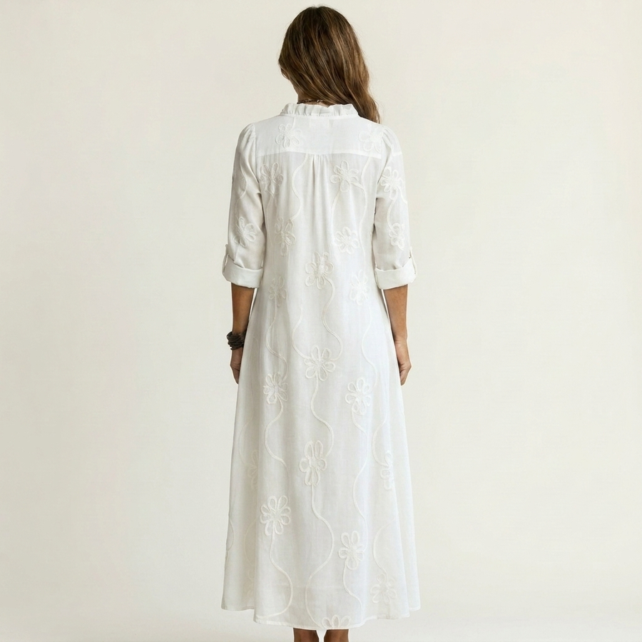 White cotton-linen maxi dress with tonal floral embroidery, back view, 3/4 sleeves