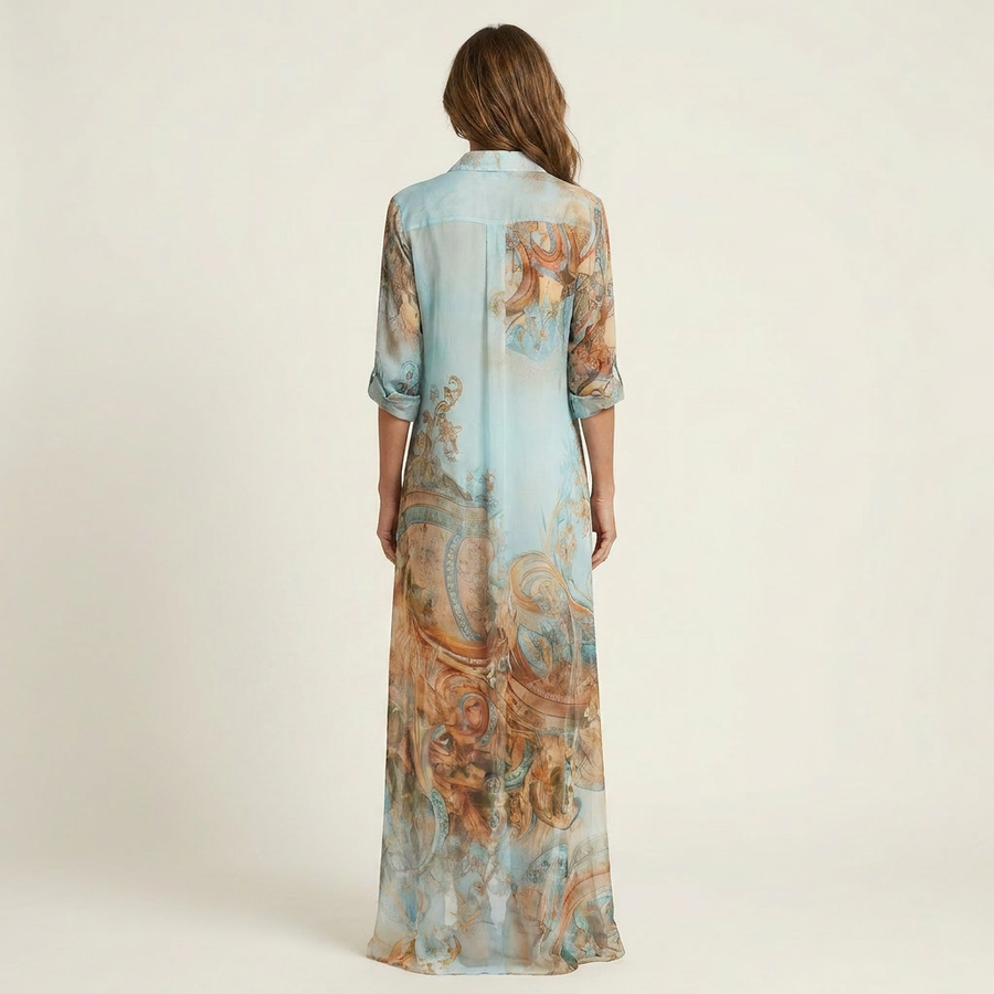 Silk maxi shirt dress back view with blue paisley print and 3/4 sleeves