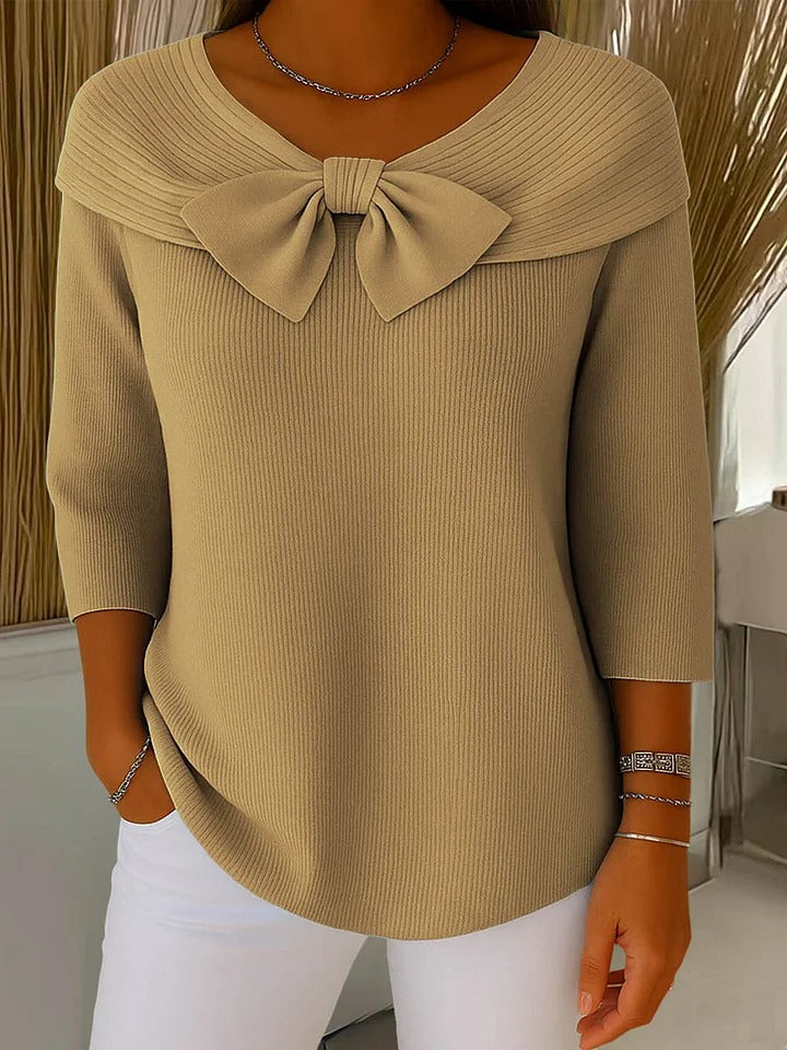 Khaki sweater with round neckline bow and three-quarter sleeves