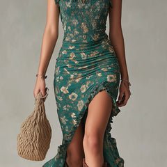 Green boho floral ruched maxi dress close-up with side slit and ruffle straps
