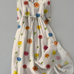 White floral button-up dress with long sleeves and tied waist