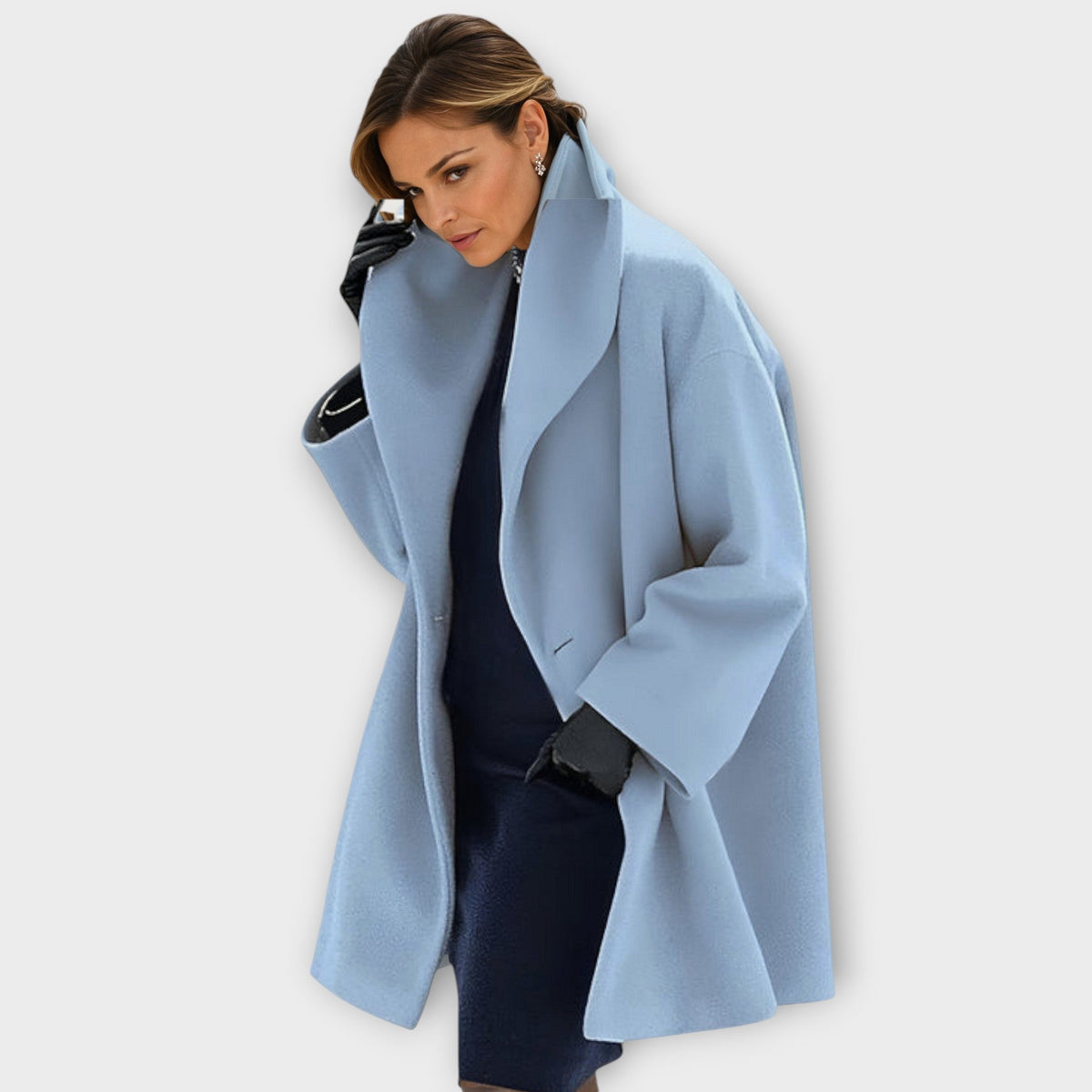 Light blue wind-resistant single-breasted coat with notched lapels and long sleeves