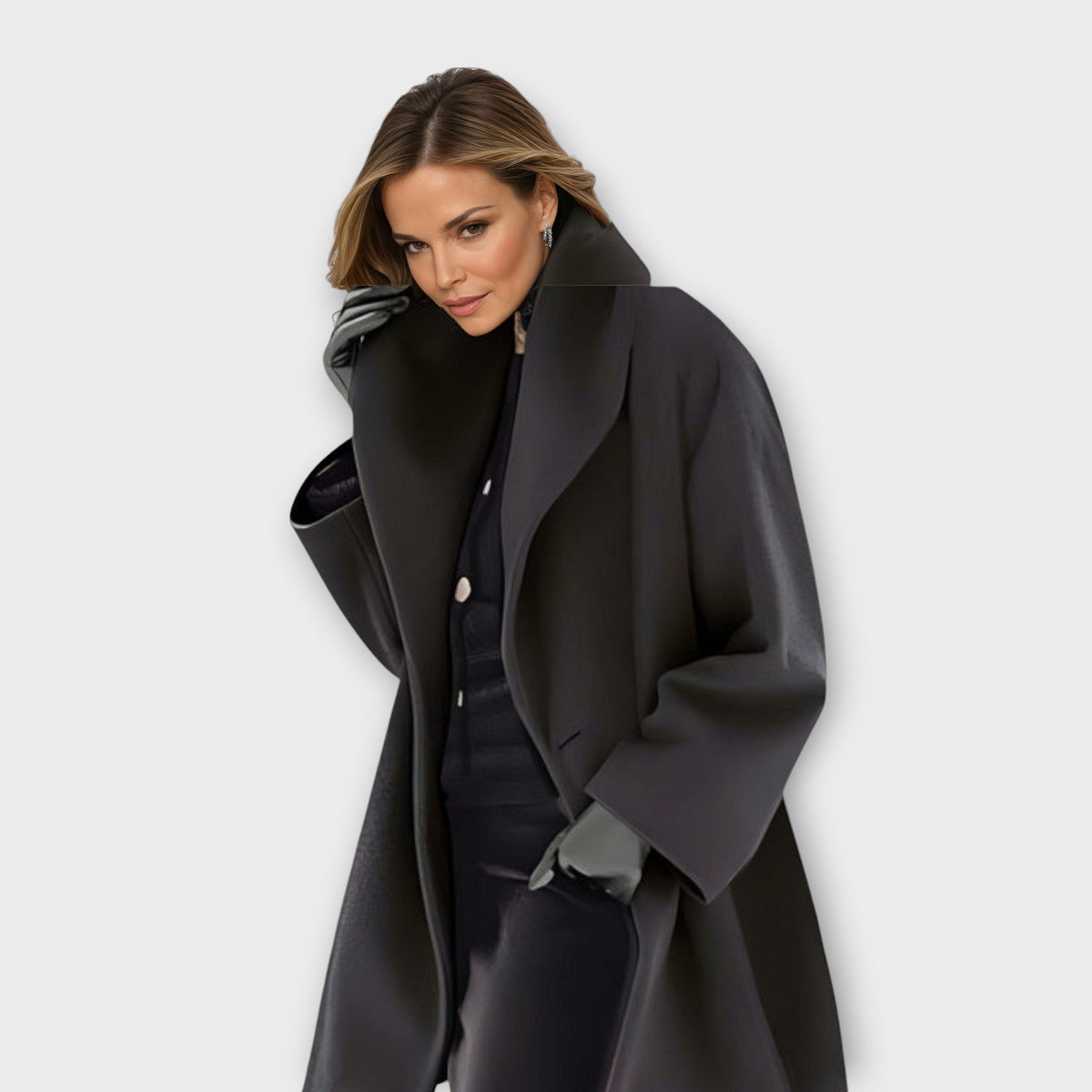 Dark gray wind-resistant coat with notched lapels, long sleeves, and single-breasted front