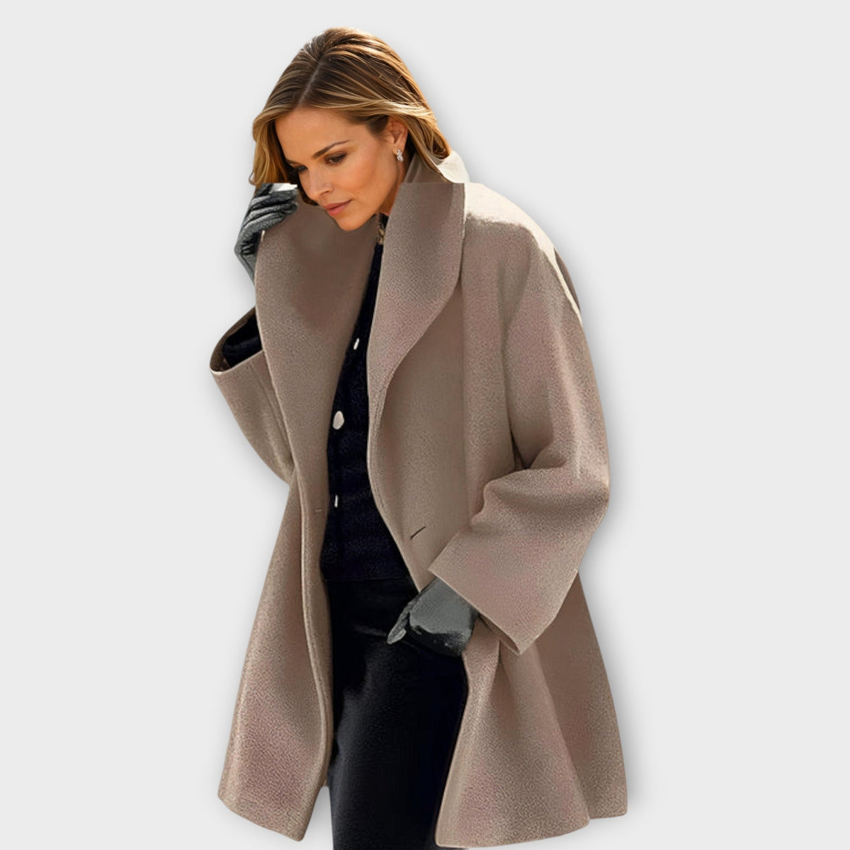 Taupe wind-resistant coat with notched lapels, long sleeves, and single-breasted front