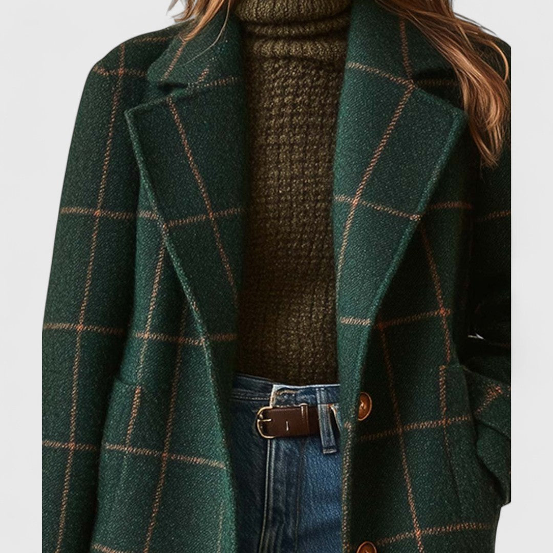 Classic check coat in dark green plaid with tan grid, structured lapel, button-front