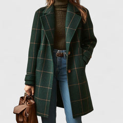 Classic check coat in dark green with tan grid plaid, button-front, long sleeves