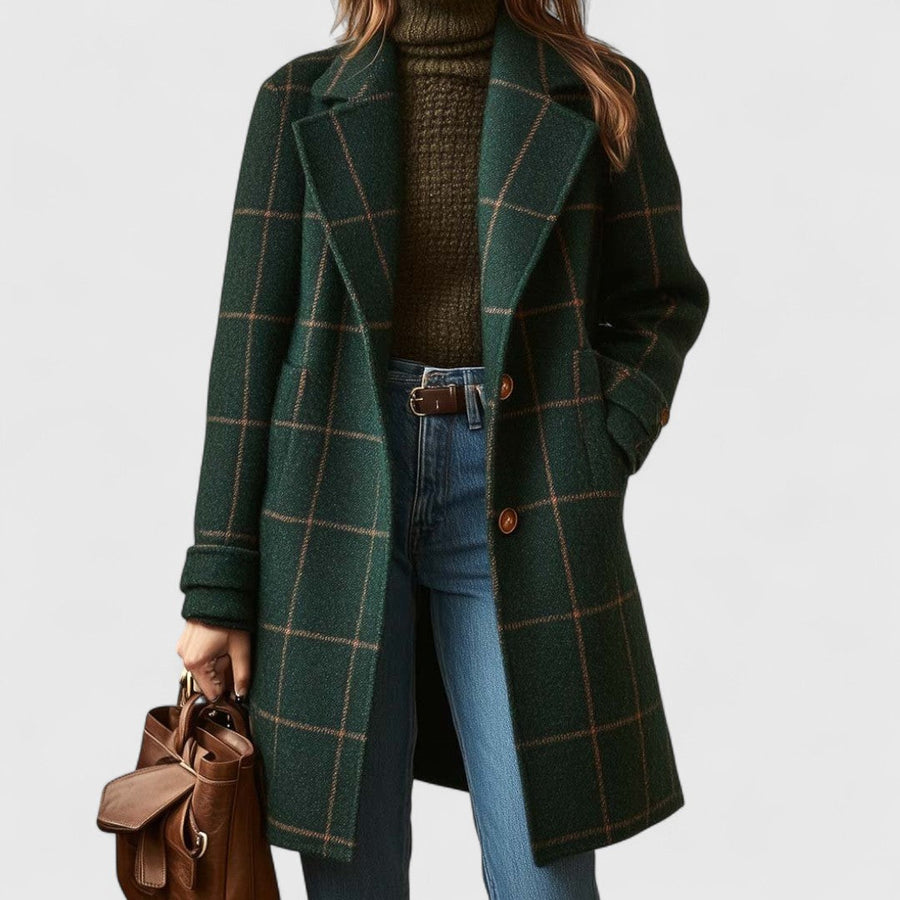 Classic check coat in dark green with tan grid plaid, button-front, long sleeves