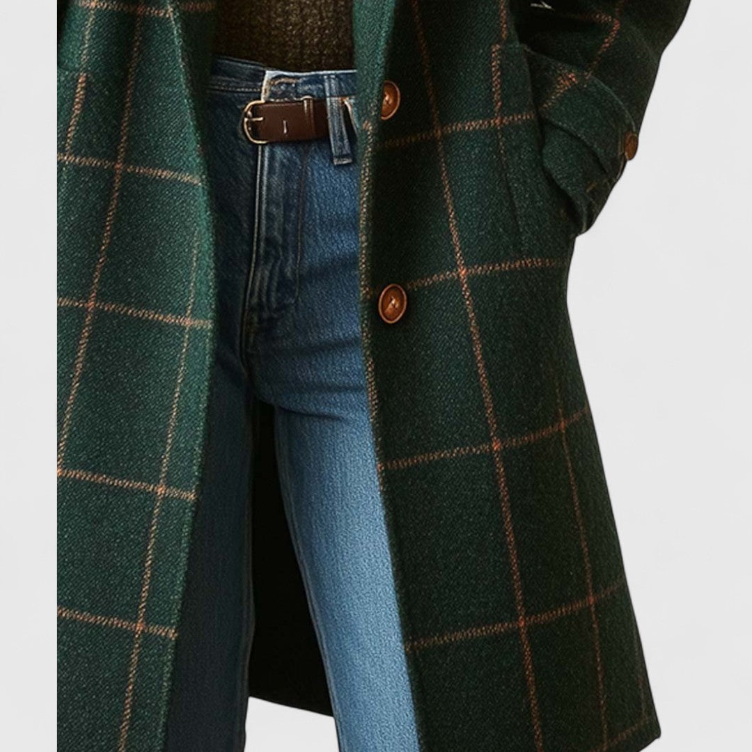 Classic check coat dark green plaid with brown buttons, side hem detail, long sleeves