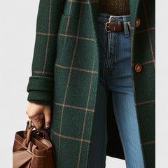 Classic check coat dark green plaid over jeans, brown button-front, long sleeves