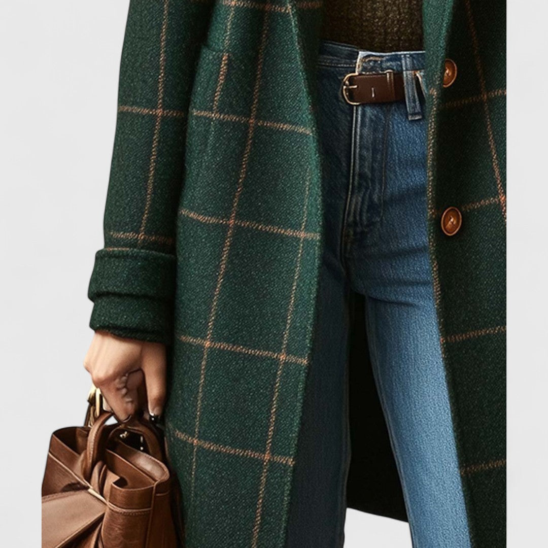 Classic check coat dark green plaid over jeans, brown button-front, long sleeves