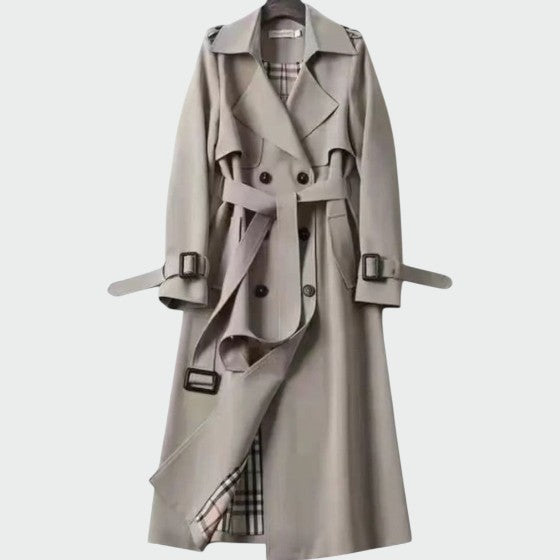 Khaki double-breasted trench coat with belt and epaulettes