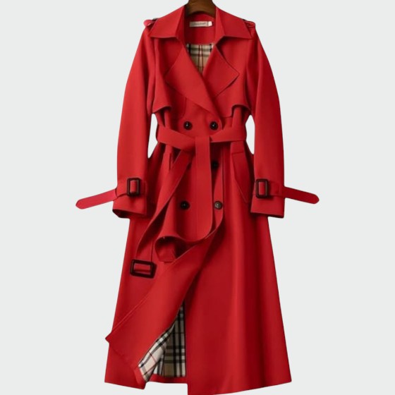 Red trench coat front close-up with belt, buckle straps, and plaid lining detail