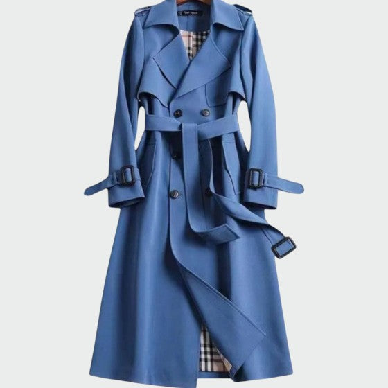 Blue double-breasted trench coat with belt, epaulettes, and flap pockets