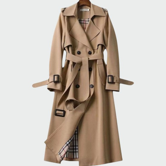 Khaki trench coat front view with buttoned placket, tied belt, and shoulder straps