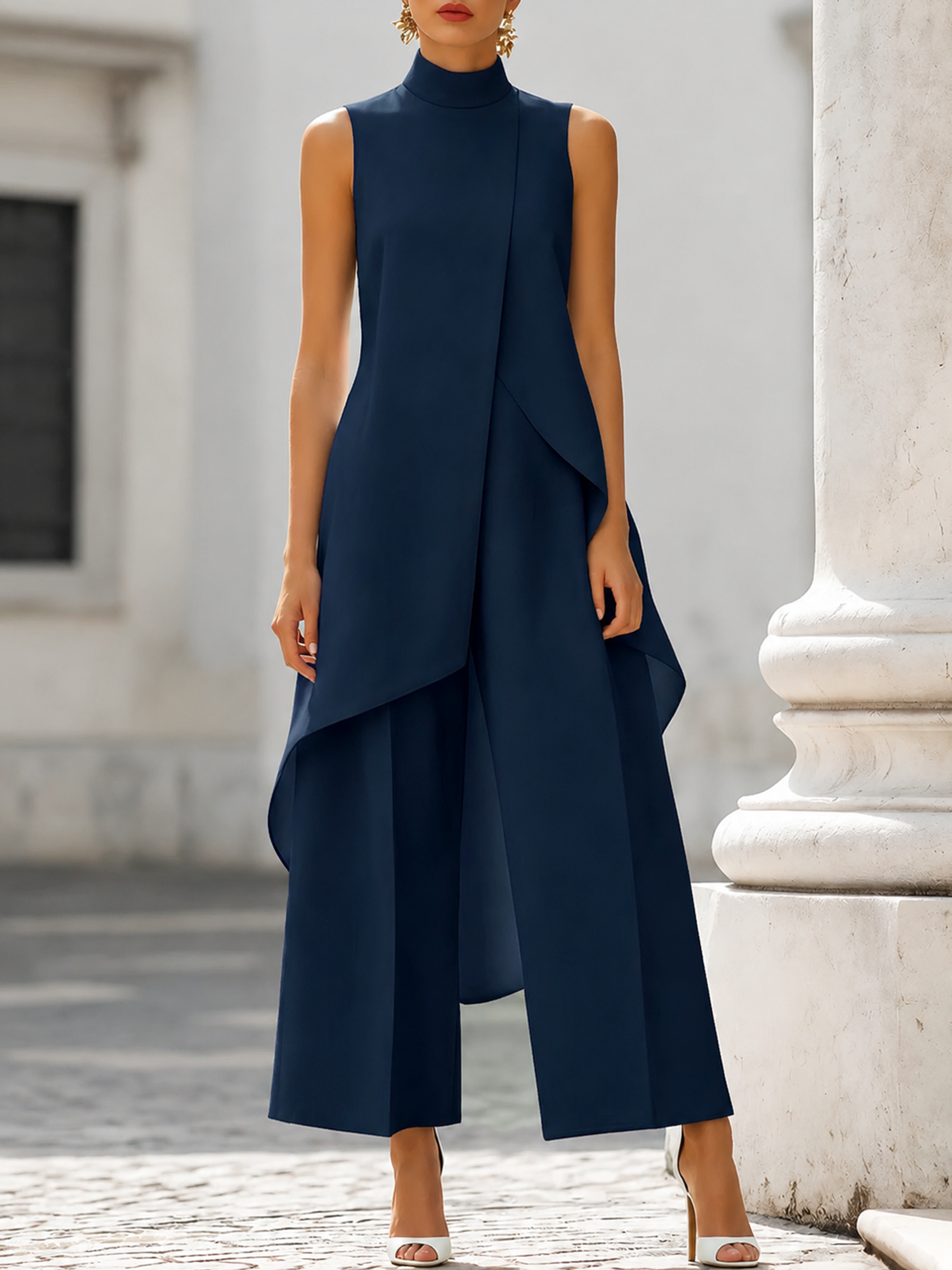 Abito lungo blu navy senza maniche con collo alto e drappeggio asimmetrico a strati