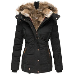 Cozy winter jacket in black with faux fur hood, button-front closure and side pocket zips