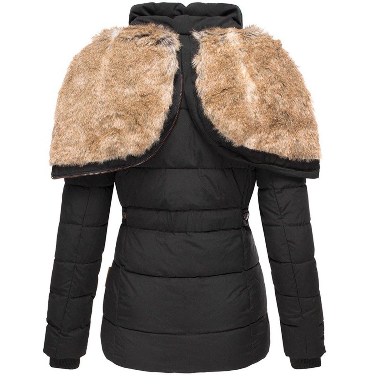 Cozy winter jacket in beige with faux fur hood, quilted puffer body and button-front