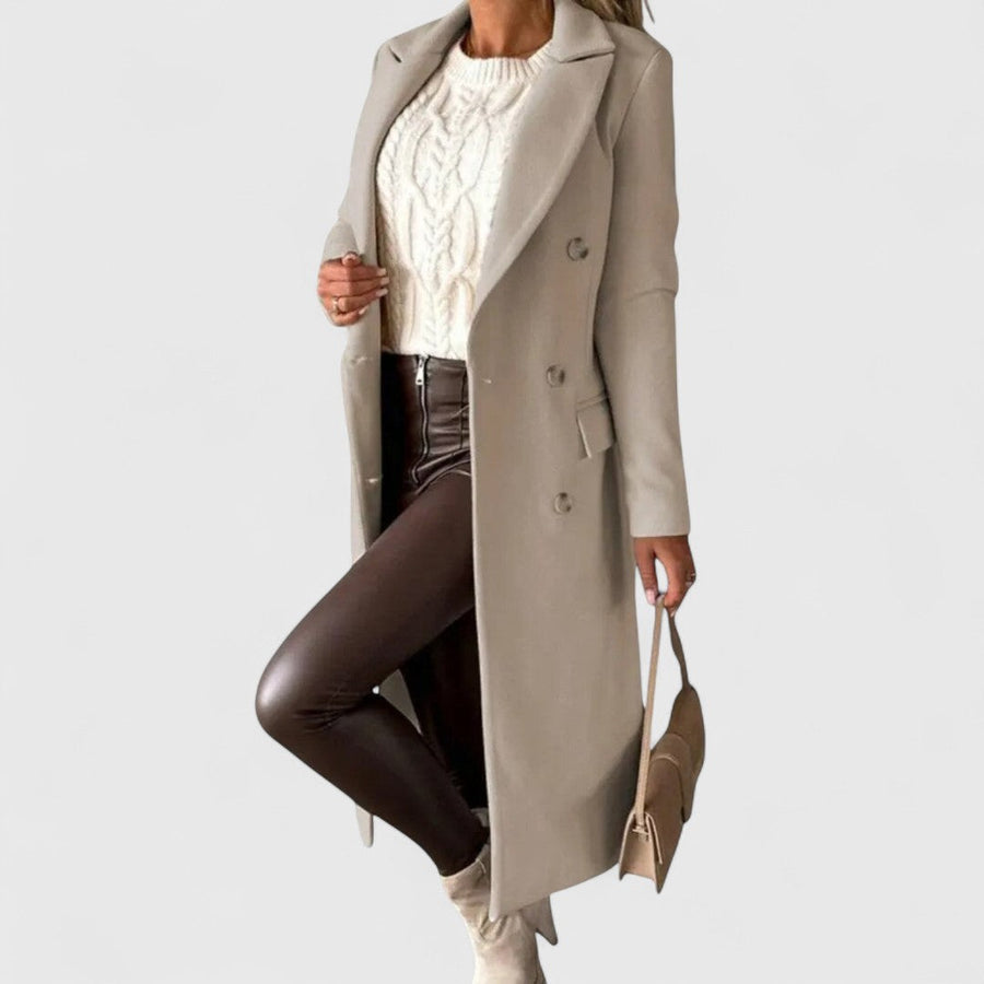 Beige longline coat with notch lapels and double-breasted button front, side pockets