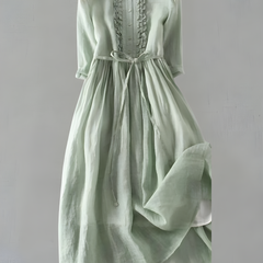 Amara vintage dress in sage green, gathered waist and midi length skirt with long sleeve