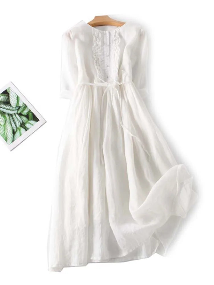 Amara vintage dress in white, embroidered neckline and gathered waist with midi skirt