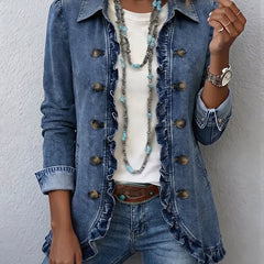 Ruffled medium-blue denim jacket with gold-tone buttons and layered front trim