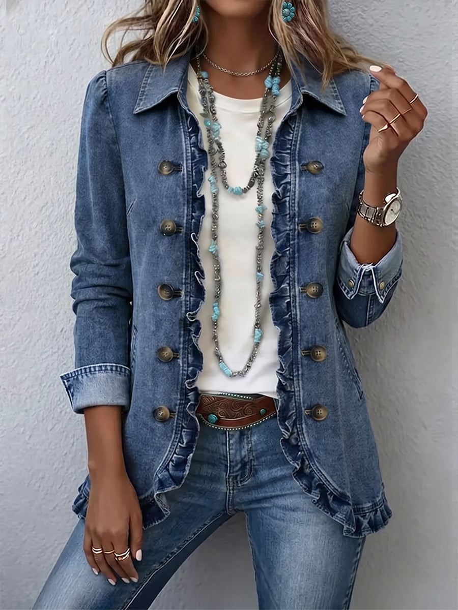 Ruffled medium-blue denim jacket with gold-tone buttons and layered front trim