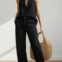 Black washed denim sleeveless V-neck top and wide-leg pants two-piece set