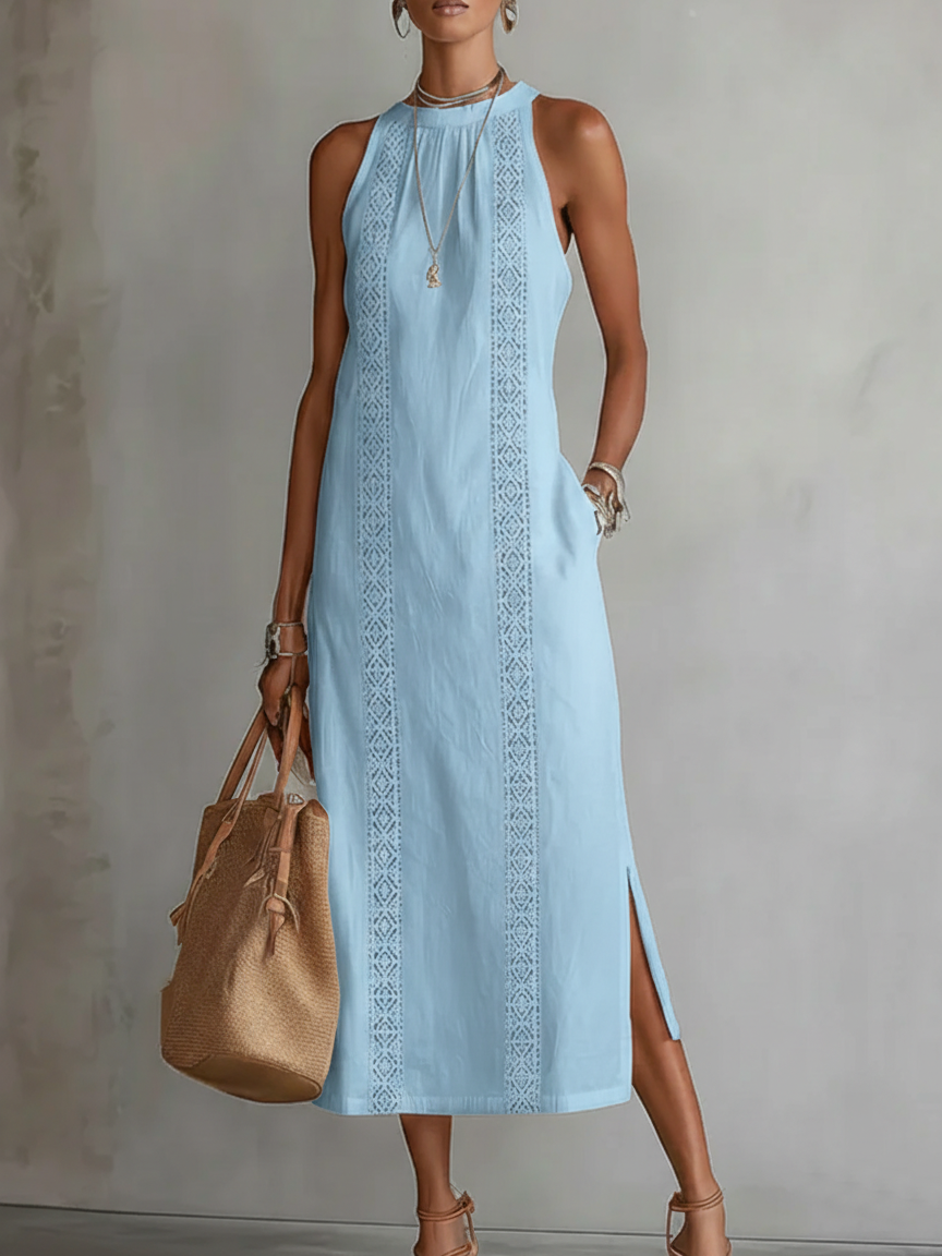 Relaxed embroidered midi dress in light blue with mandarin collar and vertical lace trim