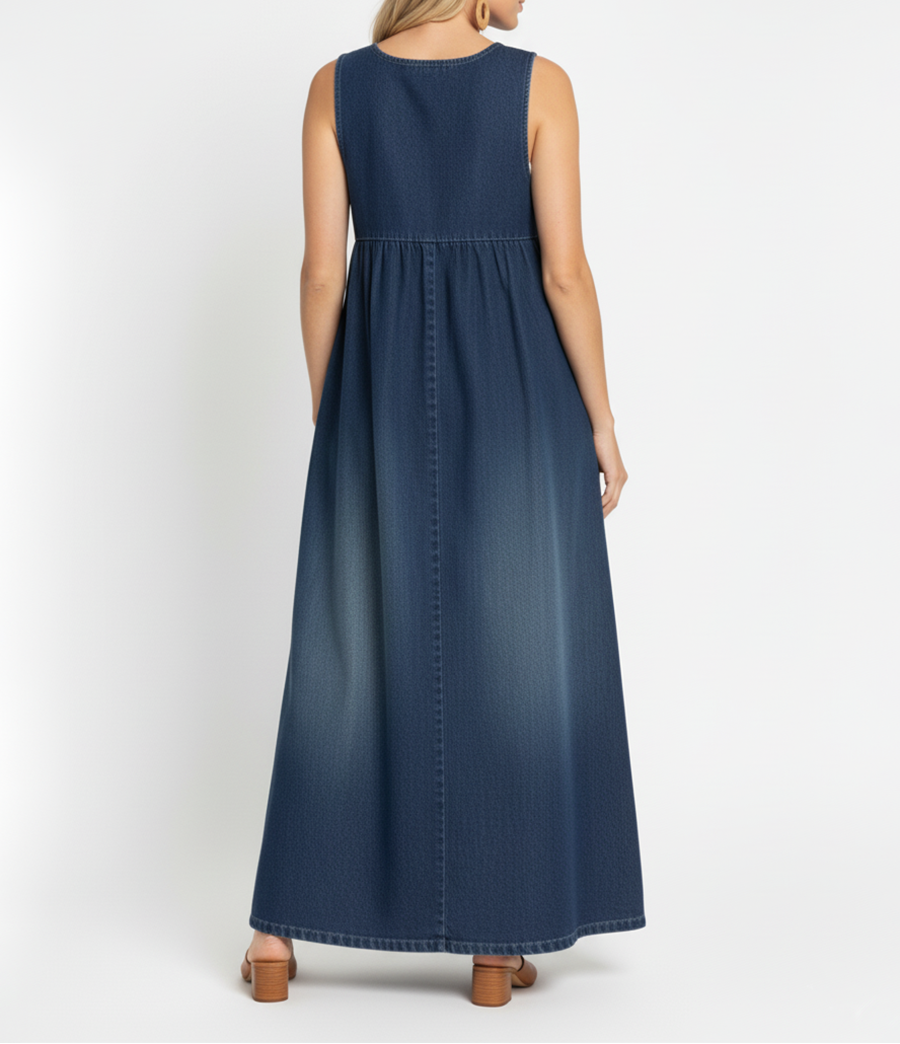 Blue denim maxi dress back view with gathered waist seam and button placket