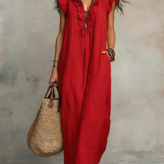 Vestito lungo bohémien Camélia rosso con scollo a V e balze sulle spalle