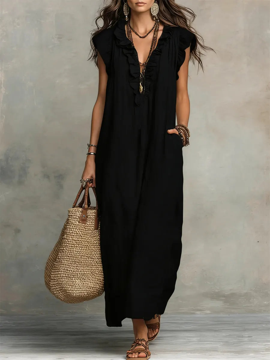 Vestito lungo bohémien Camélia nero con scollo a V e balze sulle spalle