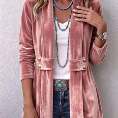 Velvet open-front long-sleeve lapel jacket with gold button accents, pink