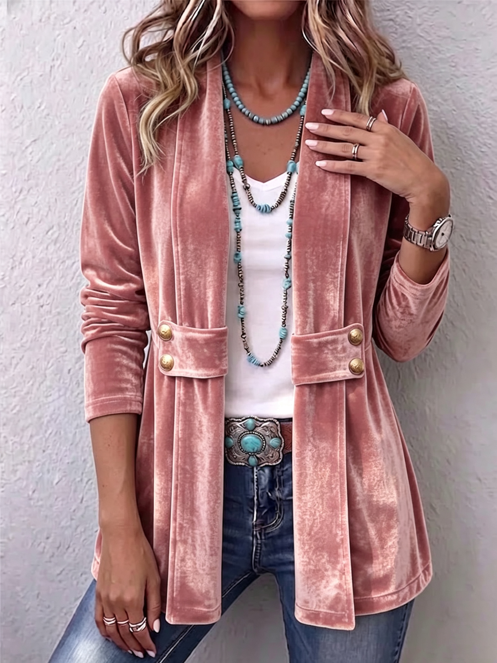 Velvet open-front long-sleeve lapel jacket with gold button accents, pink