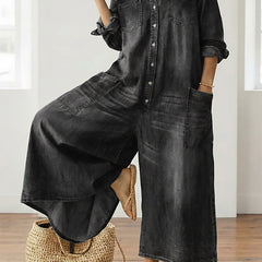 Washed black denim button-through maxi dress with collar, long sleeves, and pockets