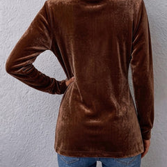 Velvet open-front long-sleeve lapel jacket with gold button accents, dark brown, back view