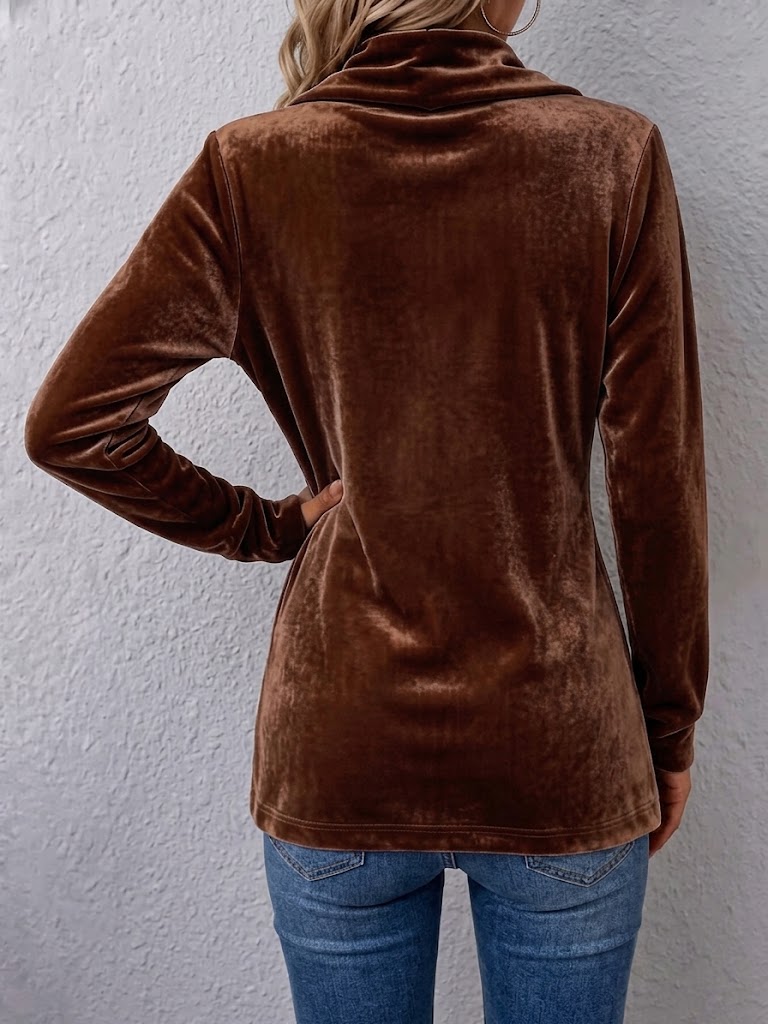 Velvet open-front long-sleeve lapel jacket with gold button accents, dark brown, back view