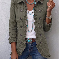 Olive utility jacket with floral embroidery, button front and ruffled cuffs