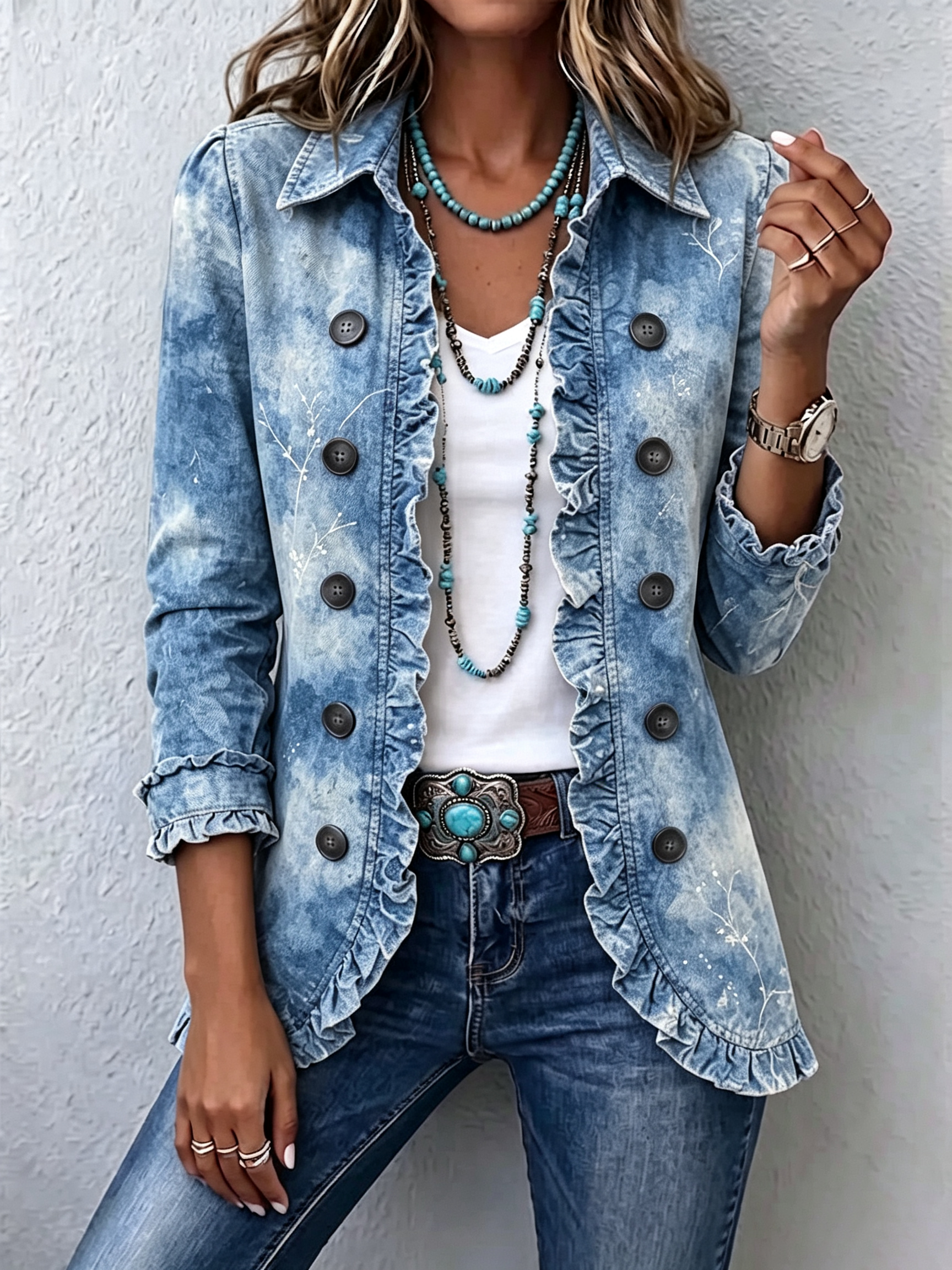Blue vintage denim jacket with ruffled front, button closure, 3/4 sleeves