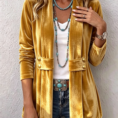 Velvet open-front long-sleeve lapel jacket with gold button accents, gold