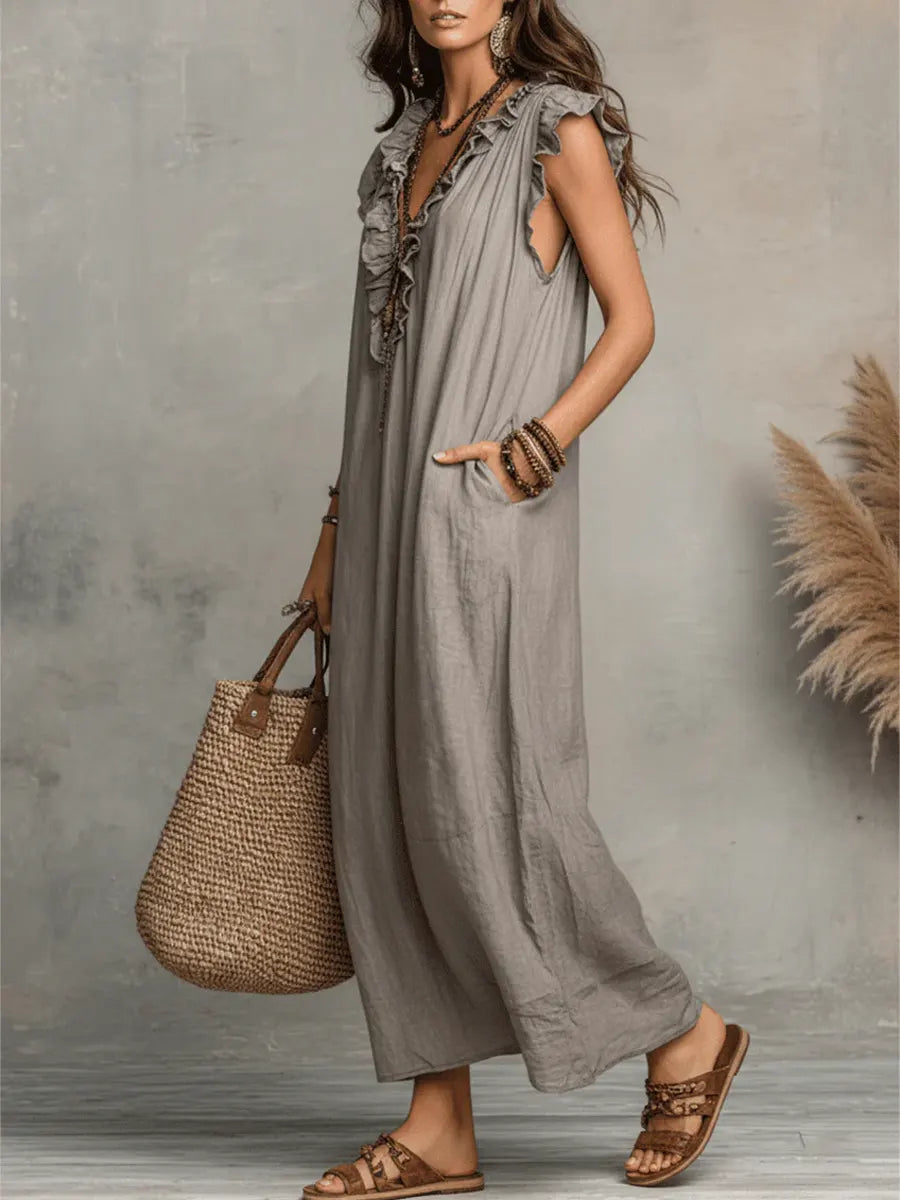 Vestito lungo bohémien Camélia grigio con scollo a V, balze e maniche a volant