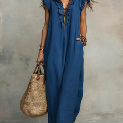 Vestito lungo bohémien Camélia blu con scollo a V e balze sulle spalle