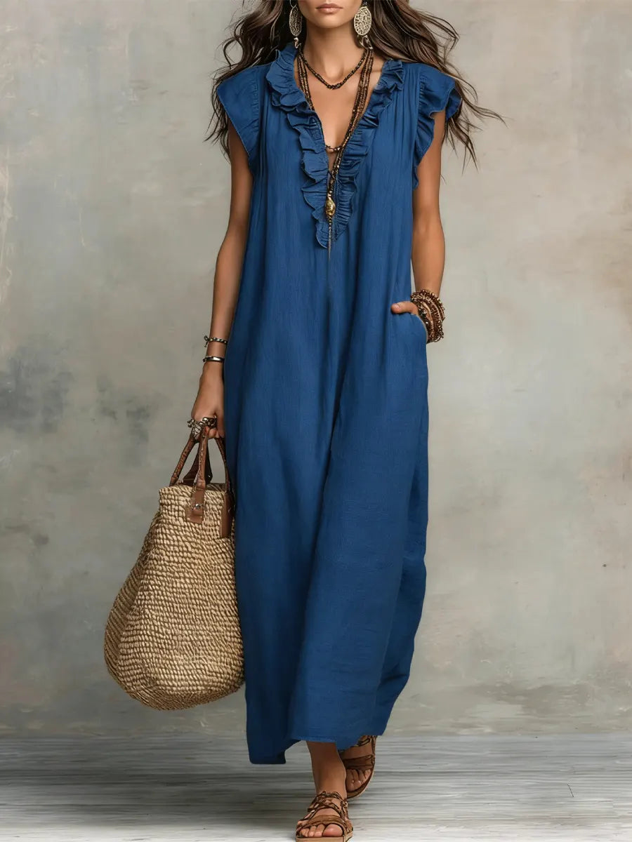 Vestito lungo bohémien Camélia blu con scollo a V e balze sulle spalle