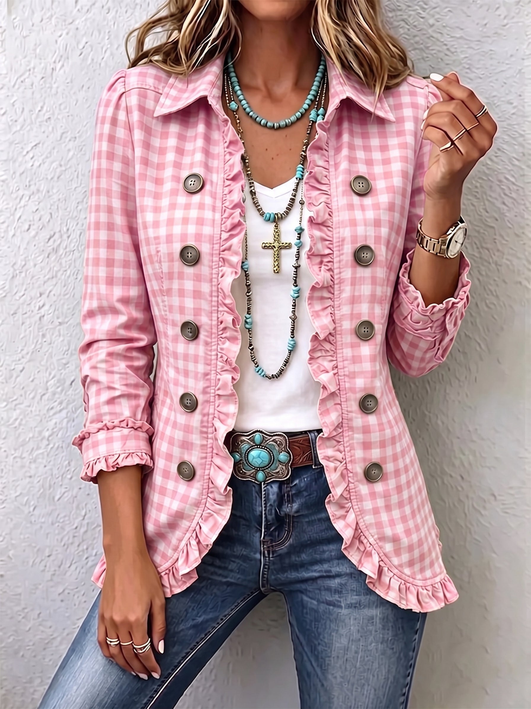 Pink gingham ruffled button-down jacket with button cuffs and frilled front