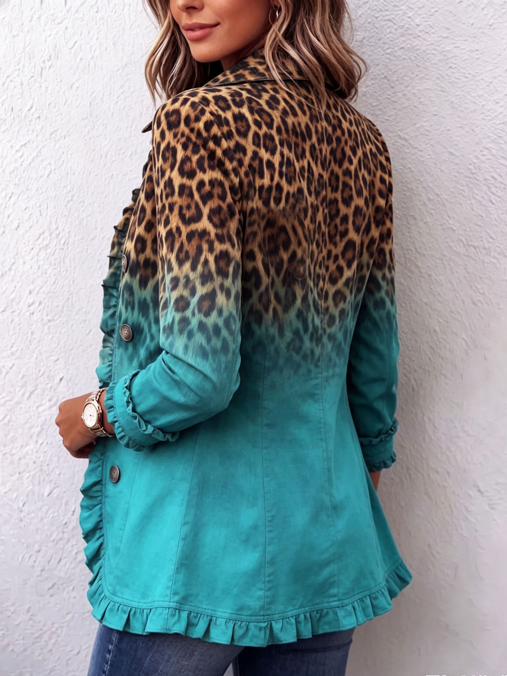 Turquoise ombre leopard blazer jacket with ruffle hem and button cuffs (back view)