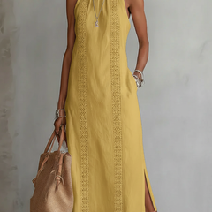 Relaxed embroidered midi dress in yellow with mandarin collar and vertical lace trim