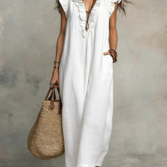 Vestito lungo bohémien Camélia bianco con scollo a V e balze sulle spalle