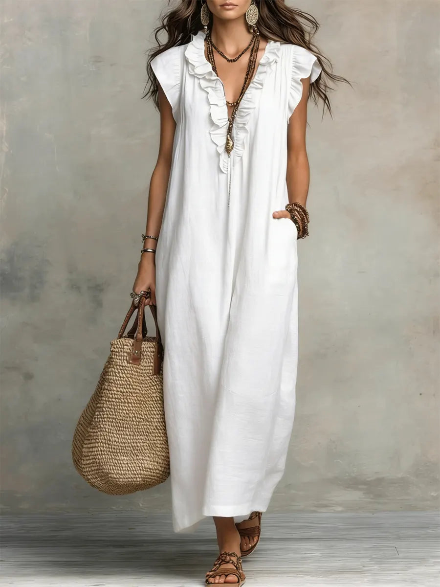 Vestito lungo bohémien Camélia bianco con scollo a V e balze sulle spalle